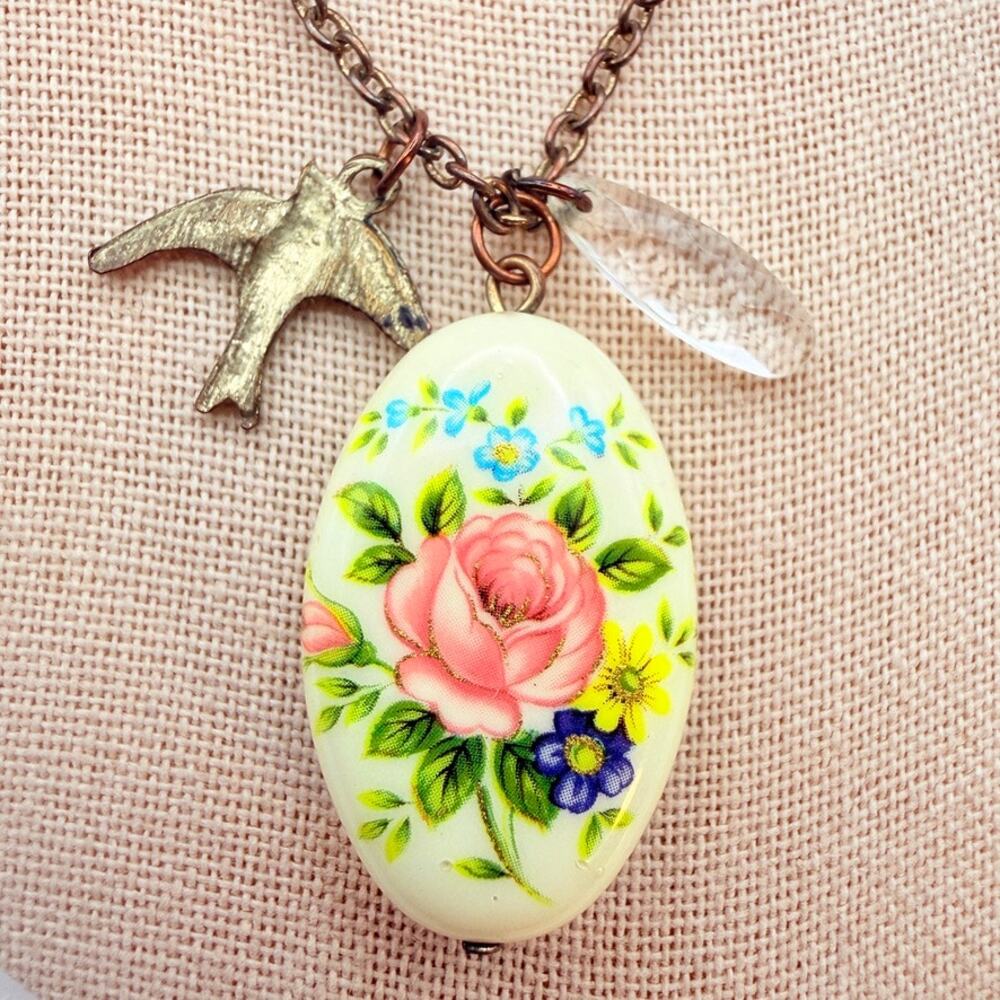 Vintage Rose Floral Oval Pendant Necklace Transfer Bird Charm Crystal Gold Tone
